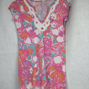 Lilly Pulitzer Brewster Mini T Shirt Dress Pink Floral V-Neck XS